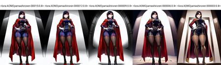 best quality, masterpiece, beautiful detailed eyes, ultra-detailed,an extremely delicate and beautiful,extremely detailed cg unity 8k wallpaper, cinematic lighting,
highres,original, extremely detailed wallpaper,beauty detailed eyes, beauty detailed face,
1girl,solo,black hair,purple eyes,red ribbon,uniform,short pants,pantyhose,high heels,red cape,standing,((thick thighs)),large breasts,
<lora:AOM2yamashiroren-00015:0.8>,
legs apart,sitting ,solo,skinny,oil,lips,
((mature female)),