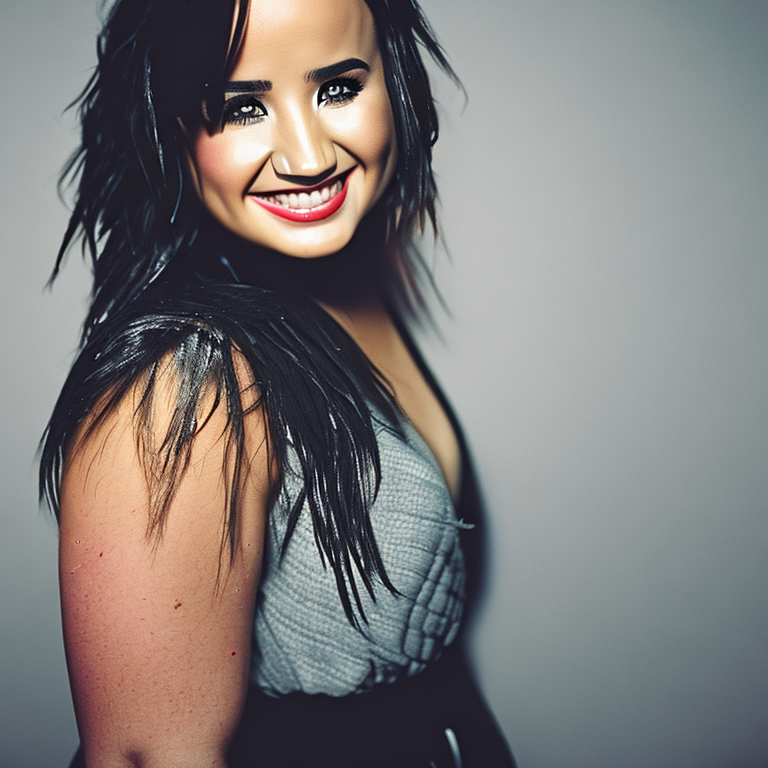 A close up glamour photograph of (Demi Lovato)  smiling for the camera studio lighting gradient background clear face pale...