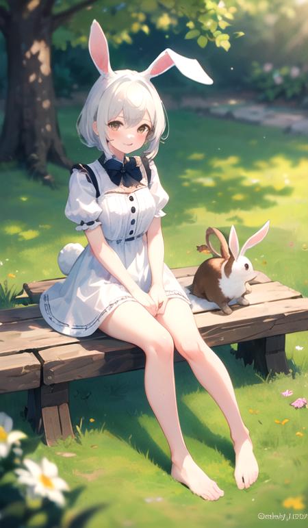 ((masterpiece,best quality)),1girl, solo, animal ears, rabbit, barefoot, knees up, dress, sitting, rabbit ears, short sleeves, looking at viewer, grass, short hair, smile, white hair, puffy sleeves, outdoors, puffy short sleeves, bangs, on ground, full body, animal, white dress, sunlight, brown eyes, dappled sunlight, day, depth of field