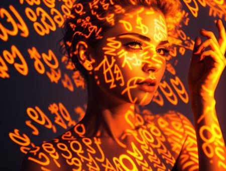 a woman with her hands on her head, glowing digital runes, trending on 5 0 0 px, amber and chaos, diffusion light, equations, portrait featured on unsplash, interconnected human lifeforms, liquid translucent amber, fractal skin, orange lighting, light art, unsplash, trending on artstattion, anamorphic film, an epic non - binary model,  <lora:abstractor_yiu_v10:0.5>