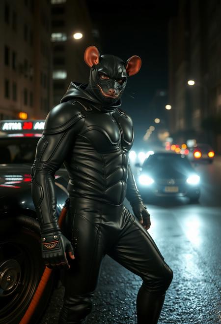 Superhero Ratman, a man wearing a rubber bulletproof futuristic bodysuit posing next to his Ratmobile, upper face covered with rat resembling mask, Ratham city in the night, wet asphalt, dramatic light