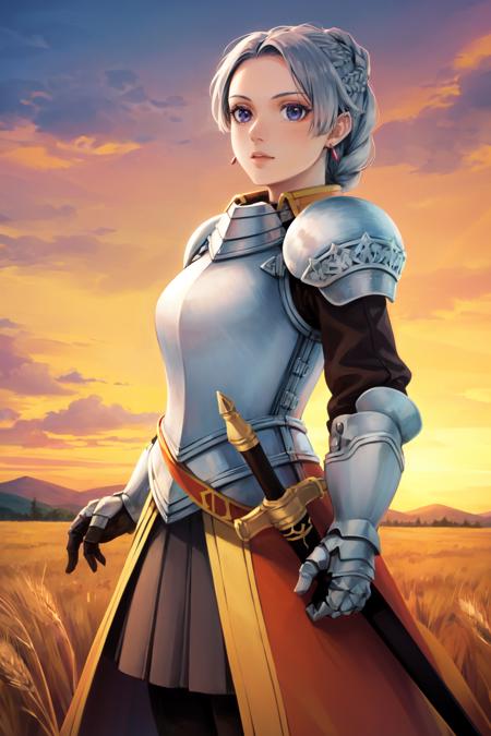 chrisarm, 1girl, solo, french braid, earrings, armored dress, shoulder armor, breastplate, gauntlets, sheath, armor, cowboy shot, flag, wheat field, sunset <lora:chrisarm_V1-12:0.7>