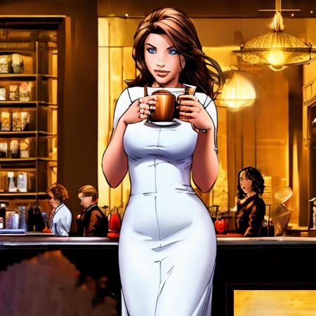 <lora:MTMSImagineComicsStyleV2Lora:0.8> mtms, a woman with brown hair in a cafe drinking tea, full body, beautiful eyes, beautiful girl, masterpiece, best quality,