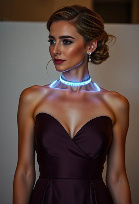 subdermal LED halo necklace, (internal LED glow:1.7), (embedded LEDs:1.8) forming glowing rings beneath the skin, soft light radiating from the neck, (high-definition skin tone:1.5), elegant formal outfit, (long, flowing evening gown:1.5), (deep neckline:1.4) to accentuate the glowing halo necklace, (strappy high heels:1.3), (soft, sleek updo hairstyle:1.4), (subtle glowing earrings:1.2), flawless, radiant makeup with (light highlighter accents:1.2), high-definition, (smooth fabric textures:1.7), seamless integration of the subdermal necklace with the dress, modern yet timeless elegance, perfect for formal events, gala-ready with a glowing futuristic edge