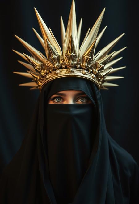 lady in black veils her face and has a large golden spiked crown, in the style of celestial fashion, otherworldly beauty, davide sorrenti, celestial punk, album covers, fra angelico, aykut aydogdu, queencore, golden age aesthetics