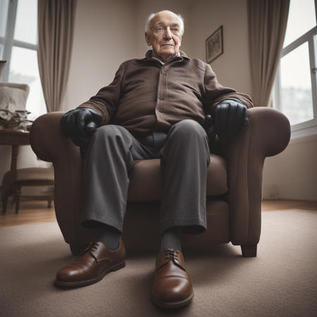 <lora:D3D5B4407E:1> elderly grandpa sitting in a chair in his living room, leather gloves, brown shoes, 84 years old, view from below