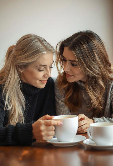 two lovely women at the breakfast table over coffee, one blonde, 20yo, looking at her cup of coffee, relaxed, thinking of a pleasurable last night, the other woman, shoulder length hair brunette, 30yo,  large eyes, looking at the blonde lovingly, reaching out with her hand to move a strand of hair back from the blonde's forehead, close up on faces,