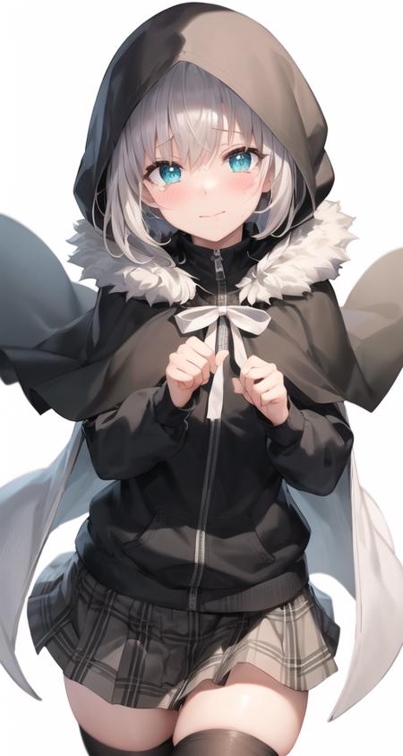 masterpiece, best quality, gurei, cage, 1girl, hood, solo, holding, hood up, smile, long sleeves, looking at viewer, cloak, fur trim, cape, white background, fur-trimmed cloak, closed mouth, short hair, blush, capelet, ribbon, white ribbon, tears, pleated skirt, plaid skirt, black thighhighs, <lora:gurei_v2:0.7>