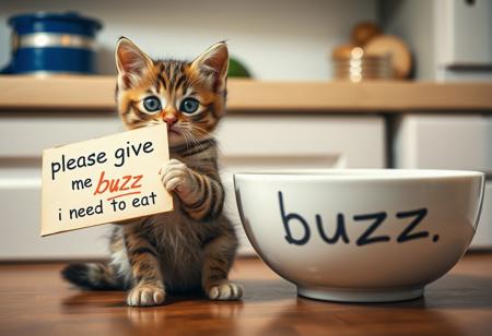 A kitten holding a sign that says "please give me buzz I need to eat " He is a beggar and lives in the garbage
a cute little kitten sitting in the kitchen in front of a big empty bowl that says “buzz”