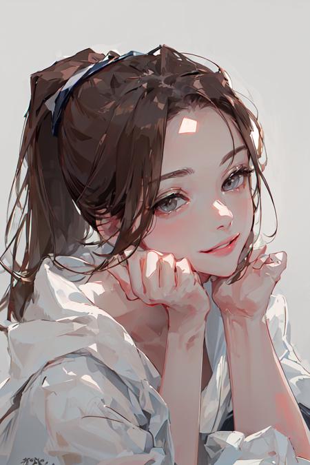 masterpiece, intricate detail,best quality,  <lora:BM94199:0.8>1girl, solo, smile, looking at viewer, white background, brown hair, simple background, portrait, grey eyes, long hair, ponytail, closed mouth, lips, head rest