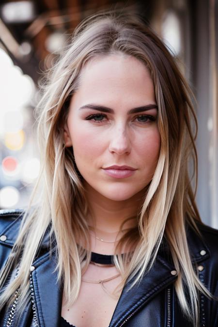 raw candid (close up), photo of a stunningly beautiful young blonde woman, (looking at camera), nice face, stunning eyes, wearing a shirt under a leather jacket, alleyway, 8k, uhd, masterpiece, fujifilm xt3