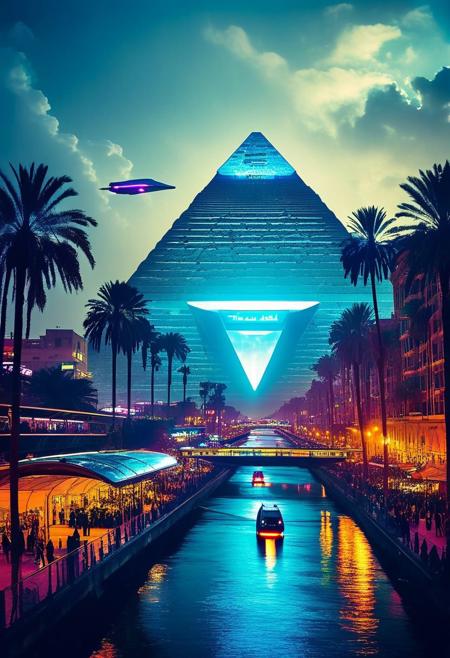 ()Hyoer Realistic:2.0)Polaroid picture of 
 futuristic, cyberpunk Egypt where ancient pyramids have been transformed into towering high-rise structures, their peaks disappearing into the clouds. The cityscape is a blend of ancient and modern architecture, with neon-lit skyscrapers and holographic advertisements illuminating the night sky.
In the foreground, a bustling spaceport hums with activity as sleek, silver spacecraft take off and land, their engines glowing with a soft blue light. The air is thick with the hum of hovercars and grav-bikes, zipping past pedestrians clad in futuristic attire.
The city's infrastructure is a marvel of modern engineering, with elevated walkways and monorails crisscrossing the metropolis. Interstate highways weave through the city, lined with towering trees and sparkling waterfalls that cascade into crystal-clear canals.
Despite the futuristic landscape, remnants of ancient Egypt remain. The Sphinx stands watch over the city, its face now a holographic display that shifts and changes as you gaze upon it. The Nile River flows through the heart of the city, its banks lined with lush greenery and vibrant marketplaces.
The atmosphere is one of utopian harmony, with people from all walks of life living and working together in perfect balance. The air is clean, the streets are safe, and the city pulses with an energy that is both exhilarating and serene.