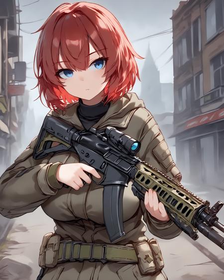 ayesha, red hair, short hair, blue eyes, large breasts, olive hoodie jacket, black turtleneck, closed jacket, belt, belt pouches, black thighhighs, black boots,