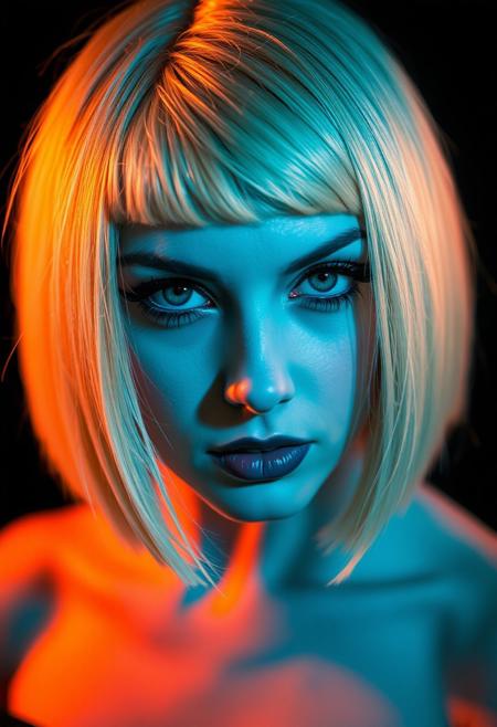 woman, blonde bobcut hair, parted half hair, green and blue eyes, eyeliner, gothic