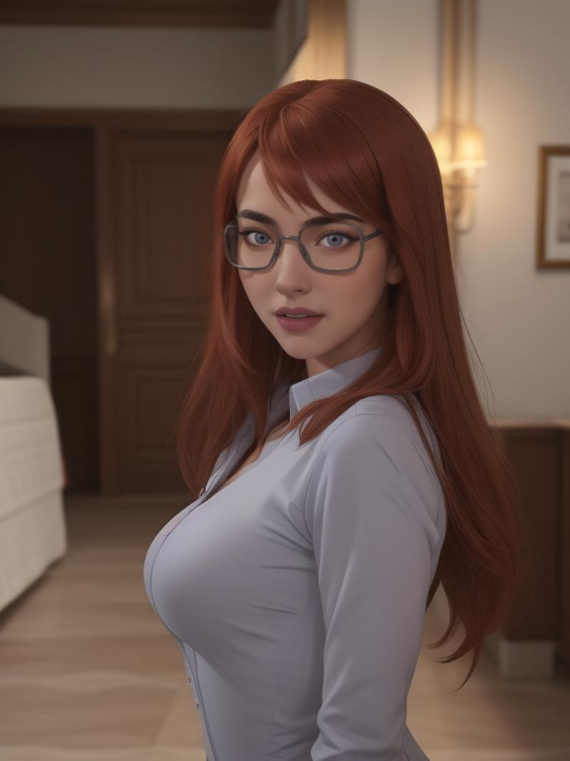 A cartoon image of a red-haired woman wearing glasses and a blue shirt.