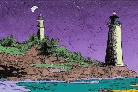 CavazzanoComics lighthouse, late at (night:1.4), purple sky <lora:CavazzanoStyle:0.6>