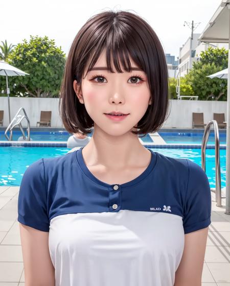 pureerosface_v1, best quality, photorealistic, 8k, high res, full color, 1girl, woman, 20 years old woman, (closed mouth:1.73), (skindentation), (portrait:0.6), trees, ((poolside background:1.52)), full color, ((whitecollar,shirt buttonedblueshirt:1.58)), looking at viewer:1.8, (1girl eyes looking at viewer:1.55), (medium hair, brownhair, sweptbangs:1.45), (bokeh), <lora:AAV-mirai2:0.64>