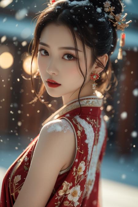 Warm Snow, 1girl, solo, hair ornament, black hair, jewelry, earrings, looking at viewer, blurry, snow, snowing, red lips, chinese clothes, looking back, upper body, flower, blurry background, makeup, black eyes, lipstick, hair stick, realistic, floral print, lips, closed mouth,
best quality,masterpiece,illustration,an extremely delicate and beautiful,CG,unity,8k wallpaper,Amazing,finely detail,masterpiece,official art,extremely detailed CG unity 8k wallpaper,incredibly absurdres,huge filesize,ultra-detailed,highres,extremely detailed,beautiful detailed girl,realistic,<lora:Warm Snow_20240127032610:0.8>,