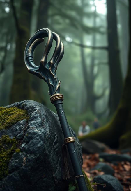 A hyper-realistic portrait, photorealistic photo close-up image of a magical bronze sculpture of a nymphs claw leaning against a moss-covered stone in a dense, misty forest. the mage staff is weathered, with worn leather and gold on the handle, but gleams with a fierce history. Ultra sharp detail, flawless composition, muted natural colors, High Definition HD, ancient warrior aesthetic, cinematic lighting, perfect outdoor realism, bokeh.(photography, high-resolution, dynamic, energetic, hyper-realistic, dramatic lighting, shallow depth of field.),