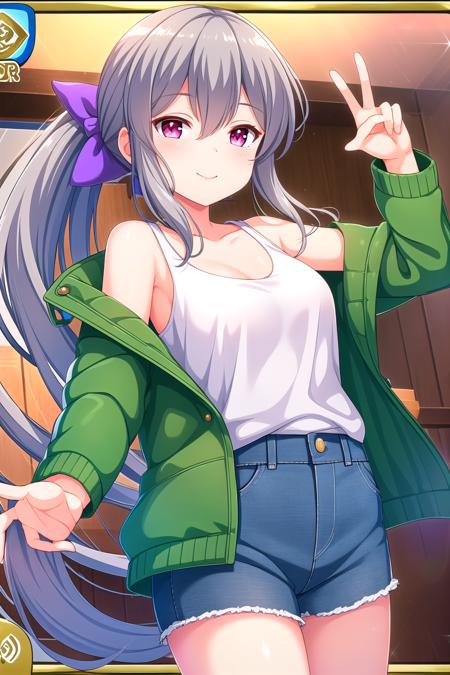 (masterpiece, best quality), highly detailed background, perfect lightingbest quality, <lora:Shigeto-Akiho:0.7>, 1girl, solo, solo focus, grey hair, ponytail, hair bow, purple bow, hair between eyes, sidelocks, long hair, red eyes, purple eyes, breasts, green jacket, white shirt blue shorts, denim shorts, short shorts, smile, closed mouth, pink lips.