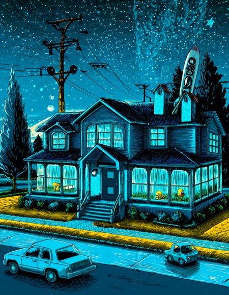 concept art  . digital artwork, illustrative, painterly, matte painting, highly detailed,
t1md0yl3, outdoors scenery, sky, tree, 
Bart simpson riding a skateboard,
window, night, traditional media, grass, building, star (sky), night sky, motor vehicle, starry sky, blue theme, car, bush, road, house, power lines, utility pole
house from "The Simpsons".
<lora:tim_doyle-SDXL-v1:1>