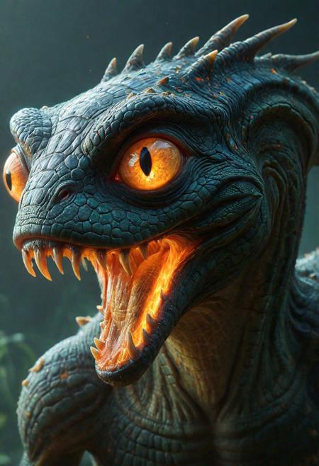 a close up of alien creature with glowing  eyes, inspired by Marek Okon, fantasy art, fantasy surreal photographycute, golden eyes, deep eyes, Gorgon, Rabbi, lizard, crocodile, in style of beeple, jessica rossier and brian froud, rendered in keyshot, from pathfinder, epic full color illustration, full color illustration, octane render ]  