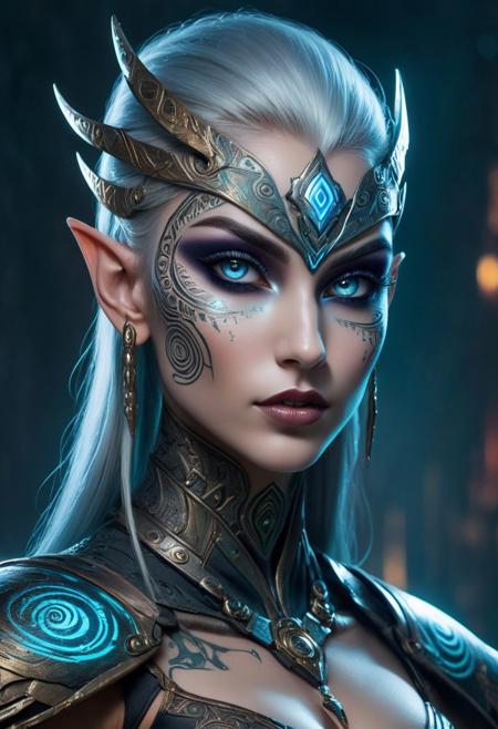 cyberpunk super hero, elf with cyberpunk makeup, very tall and muscular, tribal tattoo, stunning beauty, high detail, dynamic composition, intricate textures, regal pose, surreal surrounding, low light, nighttime setting, realistic shadows, ethereal, strong and graceful, armor, abstract background, confident and majestic, ultra-quality, expressive eyes, moonlight, thick fog, light particles shining from the moonlight