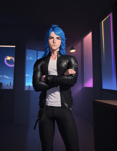 Parker Edwards, solo, long hair, 1boy, male focus, pants, rainbow, blue hair, shirt, long sleeves, jacket, leather , open jacket, black jacket, leather jacket, white shirt, open clothes, pants, black pants, tattoo, folded arms, indoors, sky, night, neon lights, close-up, foreshortening , cinematic lighting, cinematic angle, dark, dark background, masterpiece, best quality , <lora:ParkerEdwardsXL:0.5>