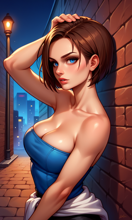 bob cut, blue eyes RE3Jill, tube top, clothes around waist, black skirt, fingerless gloves, cleavage STARSJill, bob cut, blue eyes,beret, shoulder holster, police uniform, fingerless gloves