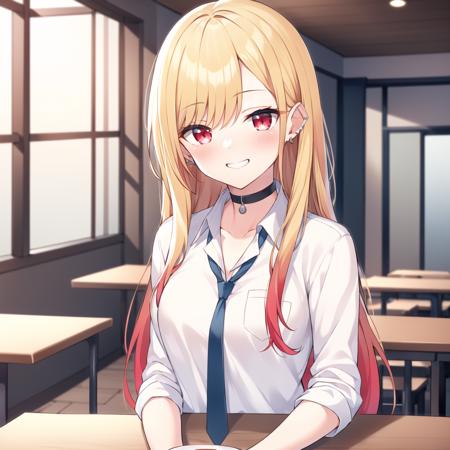 masterpiece, best quality,  <lyco:GoodHands-beta2:1.0>,  <lora:marinkitagawav1:0.6>, kitagawa marin, 1girl, blonde hair, long hair, multicolored hair, red eyes, jewelry, earrings, piercing, school uniform, white shirt, tied shirt, black choker, blue necktie, plaid skirt, indoors, inside, cafe, tables, coffee, open smile