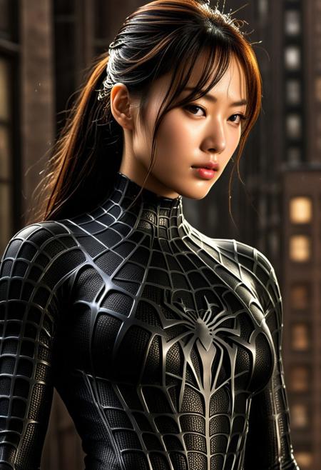 score_9, score_8_up, score_7_up, best quality, realistic, masterpiece, beautiful detail, hyperrealistic, ((1girl, woman body, big breasts)), amazing detailed full body portrait of a beautiful girl, wearing a realistic and highly detailed black raimi spider-man suit with mask, ((huge muscular girl)), professional model of korean girl wears ultra - detailed black raimi spider - man suit, ultra - detailed and grained black raimi spiderman suit, suit covered entire body and hand, black spiderman gloves, wet, (strong pose), (full body), (dirty skin), close up, octane render, highly detailed, volumetric, dramatic lighting, (highest quality:1.1), (HDR:1.3), (top quality, best quality), realistic, high definition,