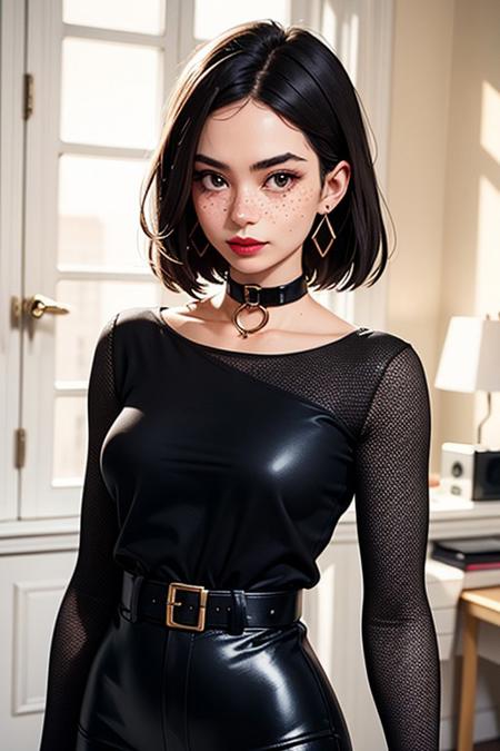SFW,highest quality,woman,27 year old,backlighting,black choker,blurry background,blush,, ,metal slave collar with a big ring,earrings,forehead,freckles,hair,jewelry, hair,looking down,pointy nose, red lips glossy,shadow, full length,  Top to mid-chest, shorts, large neckline solo,thick eyebrows,thick eyelashes,upper body, very short hair,metal slave collar with a big ring, cuffs((masterpiece)),