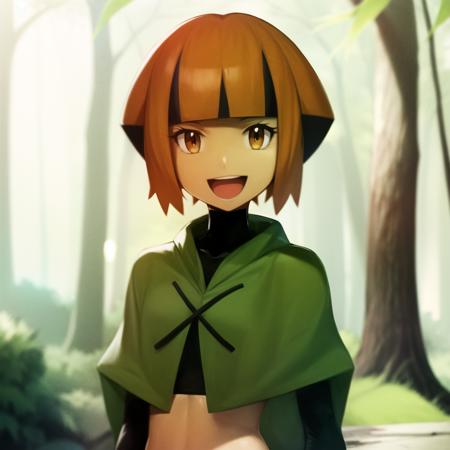 <lora:character_pokemon_gardenia_v3:1> gardenia \(pokemon\), forest, 1girl, solo, portrait, arms at sides, looking at viewer, smile, open mouth, poncho, cropped shirt, long sleeves, midriff,