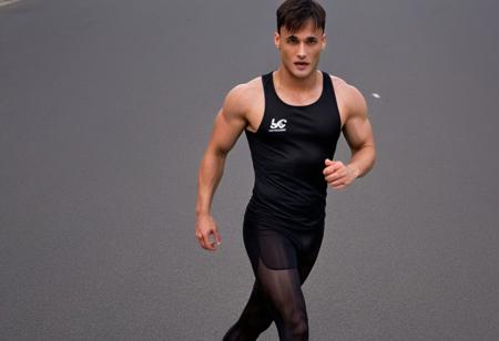 Homoerotic full body photograph of Charles Melton a man <lora:asim-riaz-Charles-Melton:1>, <lora:SMUXL_alpha_single:1>, smusmu, black sheer see-through tights, marathon running in street, full body, HDR, high quality, chest,