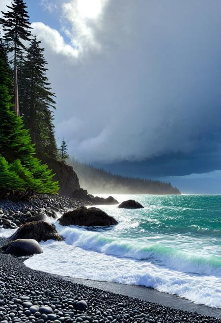 a photograph of a beach on the Pacific northwest coast, rocky pebble beach, a large looming evergreen cedar Forrest looming, the ocean is vibrant and crashing, deep vivid blues and greens, the sky is grey and clouds are heavy the sun is radiating however cutting through a break in the thick looming storm clouds, epic, realism, photo-realism, highest quailty, highest detail, professional, landscape, nature