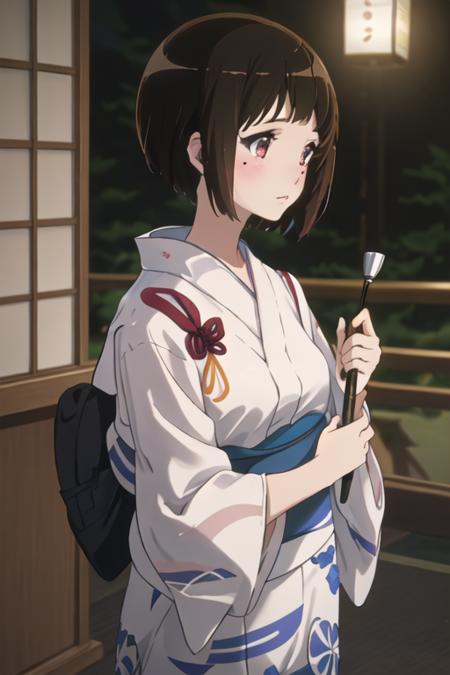 best quality, masterpiece, highres, solo, {yukata:1.40}, {kimono:1.20}, {nakaseko_kaori_soundeuphonium:1.15}, short_hair, brown_hair, serafuku, mole, mole_under_eye, blush, red_eyes, bangs, blurry