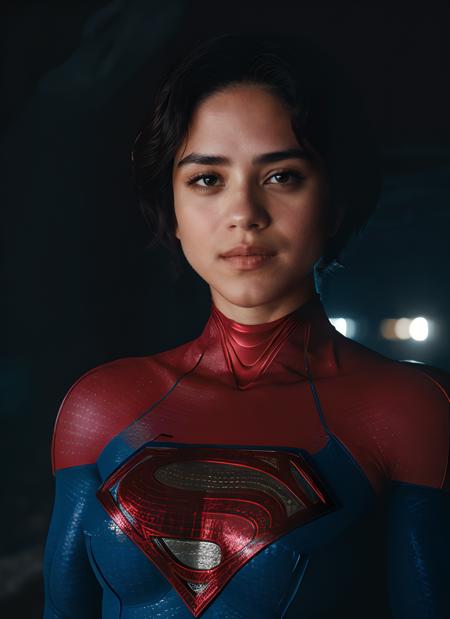 photo of supergirl, short hair, bodysuit, cape, smile, indoors dark cave, background sky, analog style (look at viewer:1.2) (skin texture), Fujifilm XT3, DSLR, 50mm  <lora:Sasha Calle Supergirl:0.85>