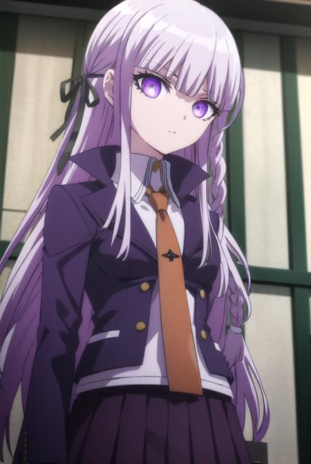 kyokokirigiri, <lora:kyouko kirigiri s1-lora-nochekaiser:1>,
kyouko kirigiri, long hair, bangs, ribbon, (purple eyes:1.1), hair ribbon, purple hair, braid, single braid, side braid,
BREAK skirt, shirt, gloves, long sleeves, jacket, white shirt, pleated skirt, open clothes, necktie, collared shirt, black skirt, open jacket, black jacket, black ribbon, brown necktie,
BREAK outdoors, classroom,
BREAK looking at viewer, (cowboy shot:1.5),
BREAK <lyco:GoodHands-beta2:1>, (masterpiece:1.2), best quality, high resolution, unity 8k wallpaper, (illustration:0.8), (beautiful detailed eyes:1.6), extremely detailed face, perfect lighting, extremely detailed CG, (perfect hands, perfect anatomy),