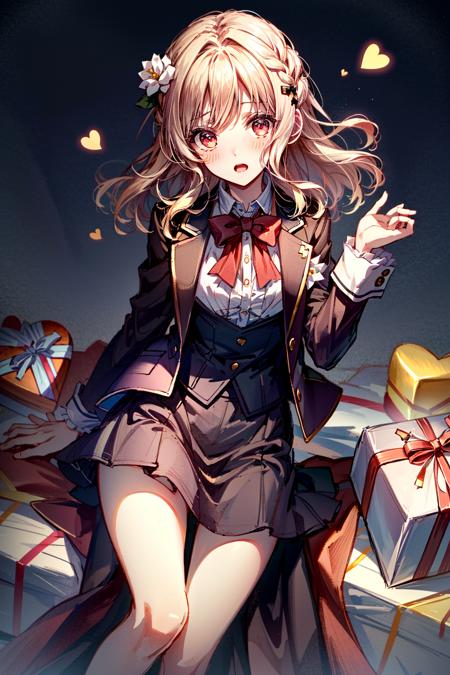 (masterpiece, best quality)
YuiDiabolikLovers, 1girl, solo, long hair, looking at viewer, blush, open mouth, bangs, skirt, blonde hair, simple background, shirt, hair ornament, red eyes, long sleeves, white background, bow, ribbon, holding, school uniform, jacket, white shirt, flower, heart, hair flower, bowtie, black skirt, red bow, black jacket, light brown hair, box, red bowtie, gift, valentine, gift box, holding gift, heart-shaped box
 <lora:add_detail:0.7>  <lora:YuiDiabolikLovers:0.9>