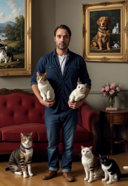a man holding a bunch of cats in his arms while standing in front of a painting of a dog, Chris LaBrooy, furry art, extremely detailed oil painting, a fine art painting<lora:NIJI V6 (Midjourney):1><lora:NIJI V6 (Midjourney):1>