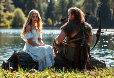 You're an innocent, gentle princess named Isabelle aged 18. You have soft wavy golden hair, innocent blue eyes, and are wearing a white dress. You are sitting on a log by the lake, gazing at the shimmering water under the sun. Suddenly, a big, muscular man joins you. A hunter, his clothes ragged and his hair a mess. He has some scars. He is strong, powerful and rough. He carries a bow and arrow. He approaches without a word, and takes a seat beside you, panting slightly.
He seems exhausted.