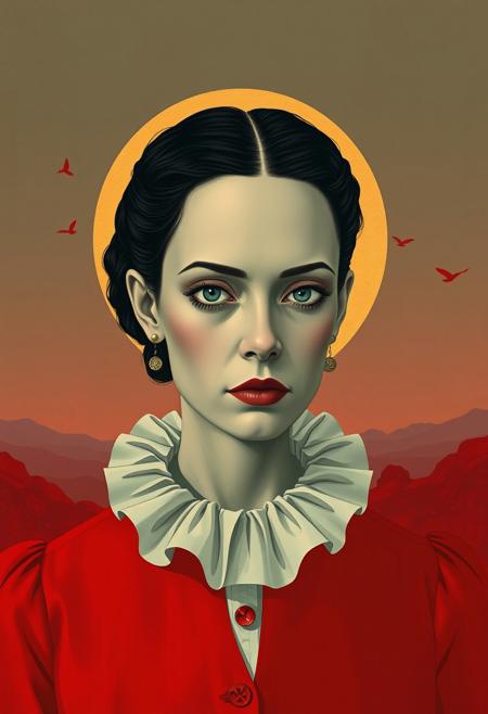 A portrait of a solemn lady with a ruffled collar, surreal pop surrealism meets minimalist conceptual illustration, bold color palettes, moody dreamlike compositions, graphic symbolism, emotionally charged figures, textured painterly effects fused with clean vector forms, glowing organic shapes, stylized surreal landscapes, narrative-driven visual metaphors, contemporary storytelling with fantastical undertones, urban decay with a touch of whimsy, simplified shapes with deep psychological themes, retro-futuristic tones, surreal flora and fauna, imaginative environmental moods