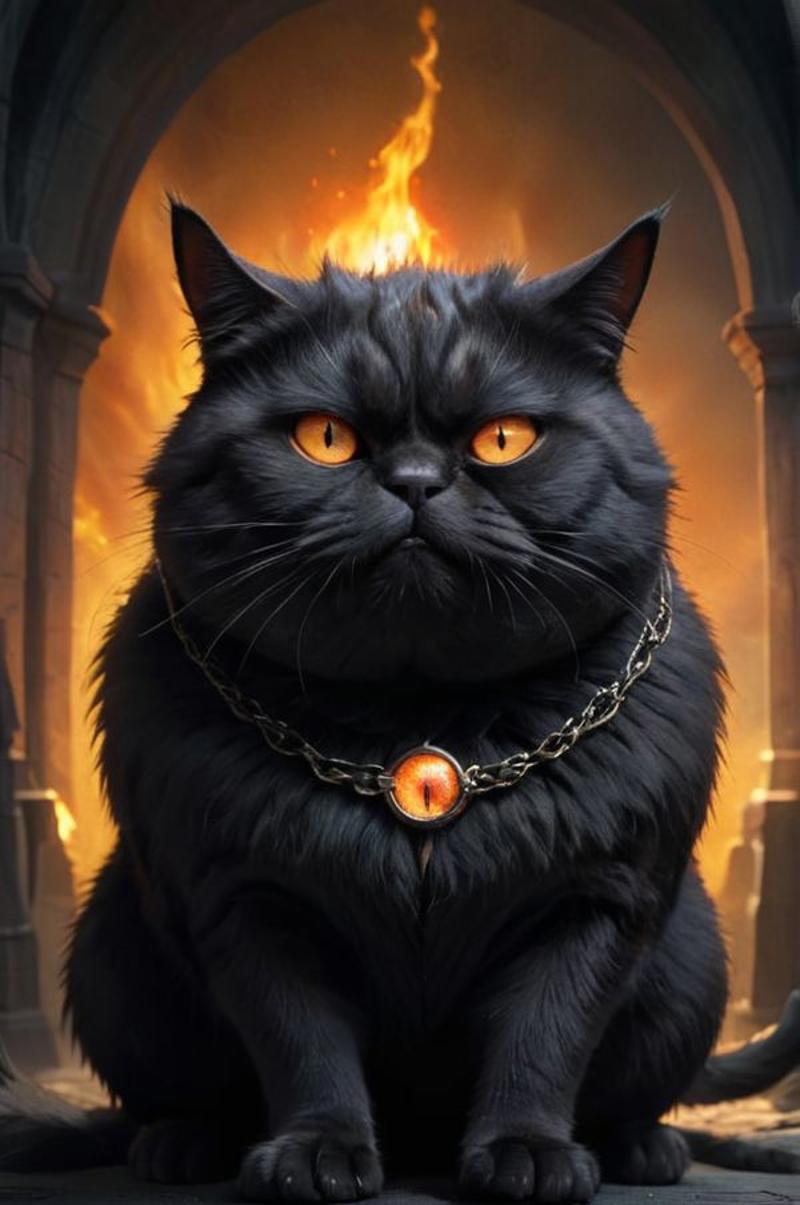 A black cat with glowing eyes wearing a chain collar.