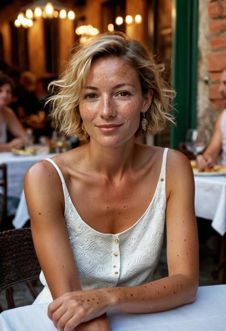 Stunning 35mm photo of a 42 years old Dutch woman, ((sleeveless white top)), ((amazing skirt)) very pretty, fit, skinny, highly detailed face, highly detailed skin, freckles, many freckles on arms and tits, freckles and moles all over body, natural breasts, perfect breasts, hard nipples, Rounded ass, blonde hair, pubic hair, short hair, messy hair, medium hair, brown eyes, highly detailed skin, highly detailed face, in love, happy, sitting across of viewer at dinner for two on the outside terrace of a restaurant in Sienna in Tuscany, low light, soft natural light, Rembrandt style light, made with a Hasselblad camera, 35mm, film grain, masterpiece, sharp focus, ((Photorealistic:1))