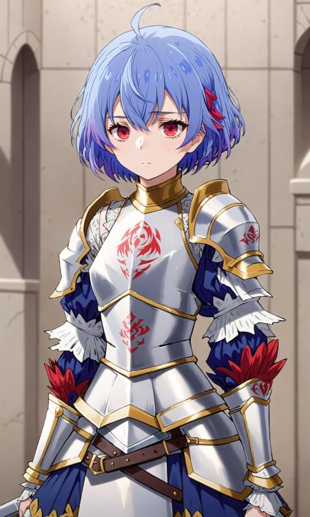 rrutiragnason, blue hair, red eyes, short hair, breastplate, armored dress, single pauldron, detached sleeves, expressionless, standing at attention, intricate, elegant, highly detailed, lovely colors, sharp focus, colorful, dramatic, sublime <lora:ruti-sdxl-1-000007:0.85> <lora:sd_xl_offset_example-lora_1.0:0.1>