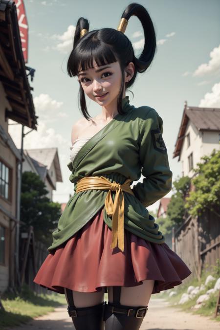 8k, masterpiece, best quality, yurin, 1girl, solo,cowboy shot, black eyes, green robe, red skirt, single bare shoulder, yellow sash, smile, rocky grassfields, dark green hair,arms behind back, hair rings, sidelocks, confident, blue sky, <lora:hipoly_3dcg_v7-epoch-000012:0.5> , closed mouth,black vambraces,looking at viewer,blunt bangs, leaning forward