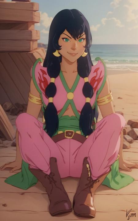 tula woman, a cartoon character with a black hair and pink outfit, green eyes, golden earrings, green sash, brown boots,