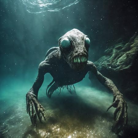 sea monster, pov underwater, visceral, unholy abomination, pale skin, dark yellowish water, foggy water, misty, dark, dramatic,'silent hill ', big eyes, terrifying, horrific, cinematic