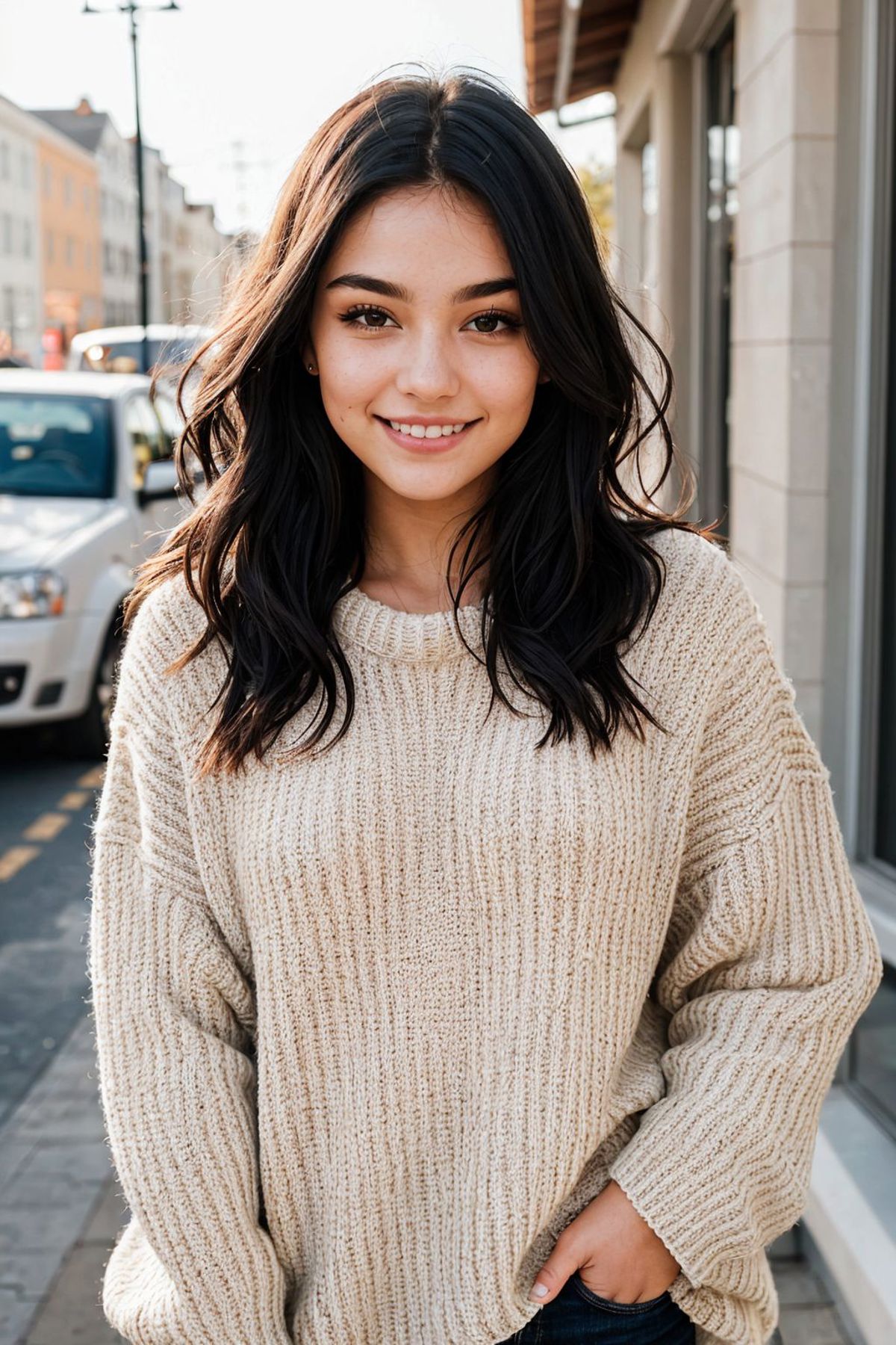 A smiling woman wearing a white sweater.