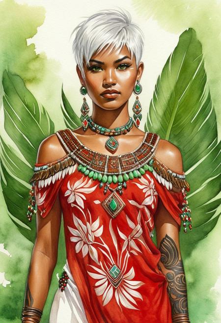 Portrait of desert fairy, pixie haircut, shaman girl, white hair, African style, feather, jewels, savanna, wear red top with floral design, open shoulder and belly, serious face, greg rutkowski, Tattoos on arms, green eyes, watercolor, masterpiece